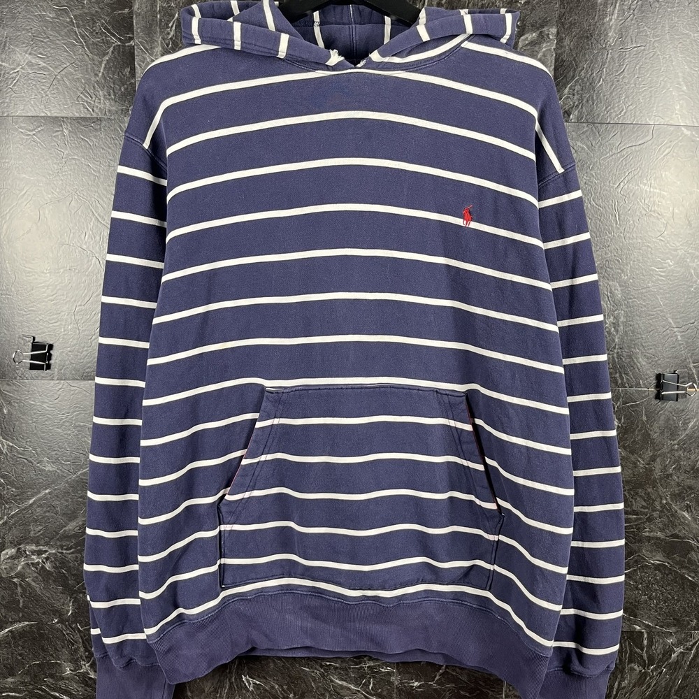 Polo Ralph Lauren Men's Blue Vtg Striped Hoodie Large -Flaws